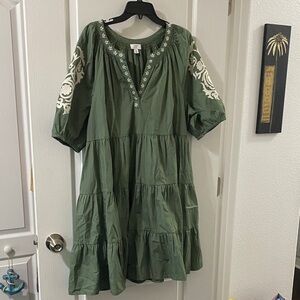 Crown & Ivy Olive Embroidered Long Sleeve Dress